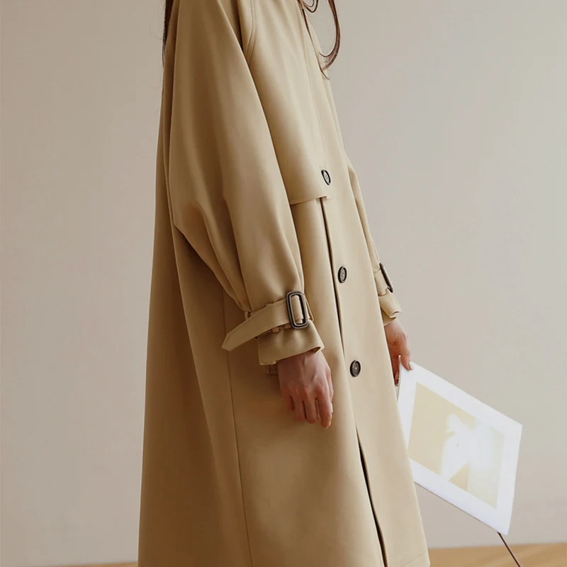 Damen Midi-Oversize Trenchcoat mit Sturmklappe und verstellbaren Manschetten Drune