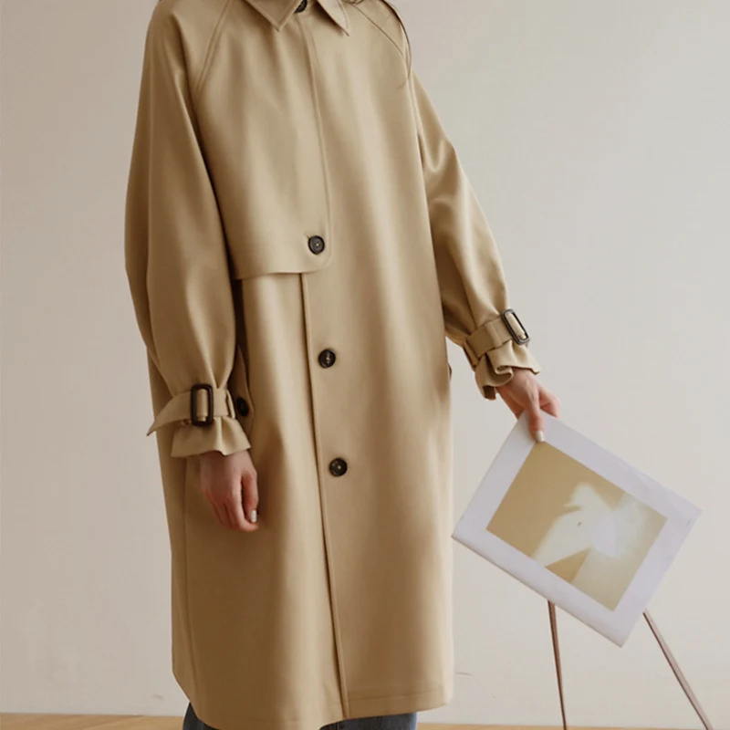 Damen Midi-Oversize Trenchcoat mit Sturmklappe und verstellbaren Manschetten Drune