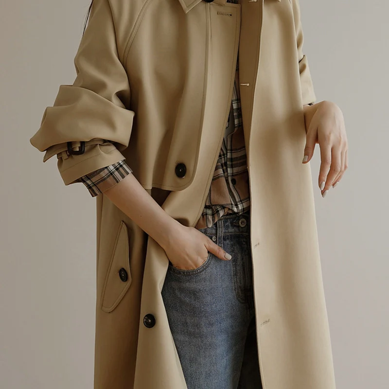 Damen Midi-Oversize Trenchcoat mit Sturmklappe und verstellbaren Manschetten Drune