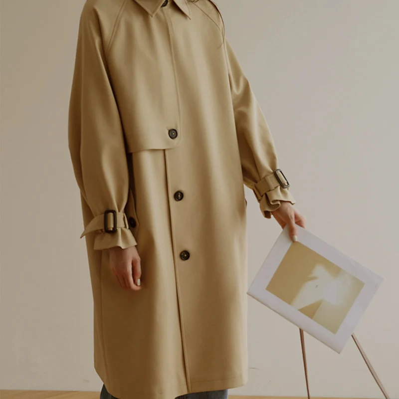 Damen Midi-Oversize Trenchcoat mit Sturmklappe und verstellbaren Manschetten Drune