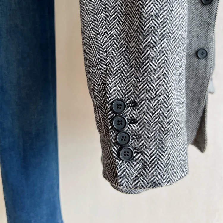 Damen Lockere Wollmix-Blazer im Fischgrät-Tweed mit Kontrast-Ellenbogenpatches Drune