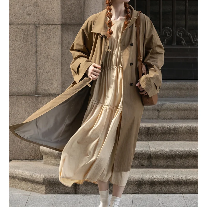 Damen Leichter Oversize-Trenchcoat mit hohem Stehkragen, verstellbaren Manschetten & Bindegürtel Drune