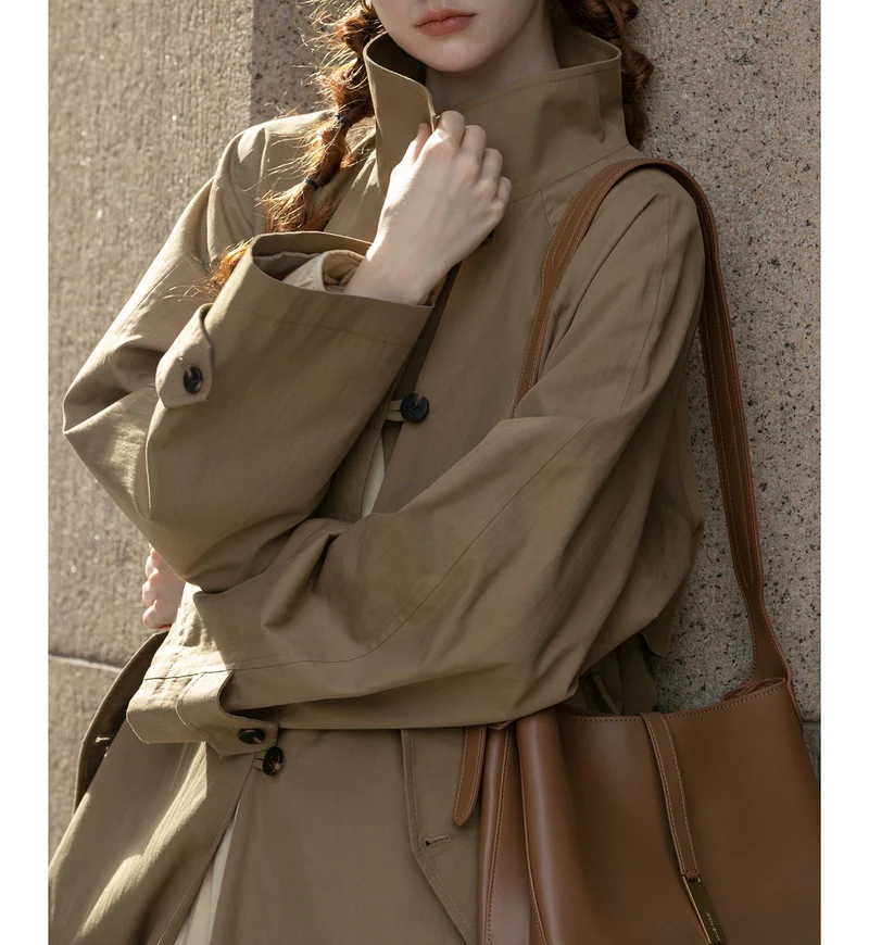 Damen Leichter Oversize-Trenchcoat mit hohem Stehkragen, verstellbaren Manschetten & Bindegürtel Drune