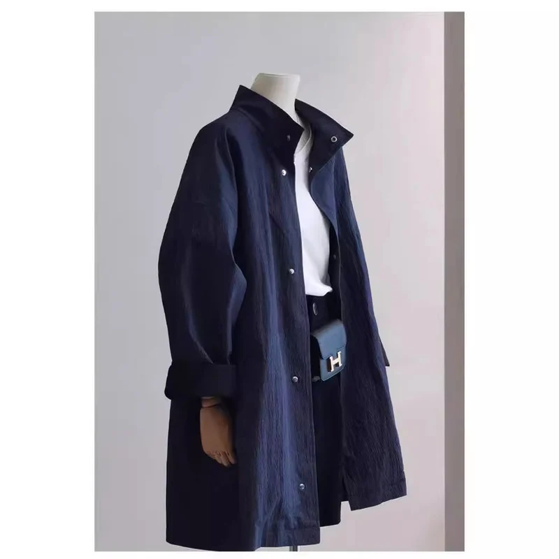 Damen leichter Oversize-Mantel mit Stehkragen und Druckknopfverschluss Drune