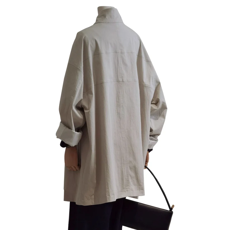 Damen leichter Oversize-Mantel mit Stehkragen und Druckknopfverschluss Drune