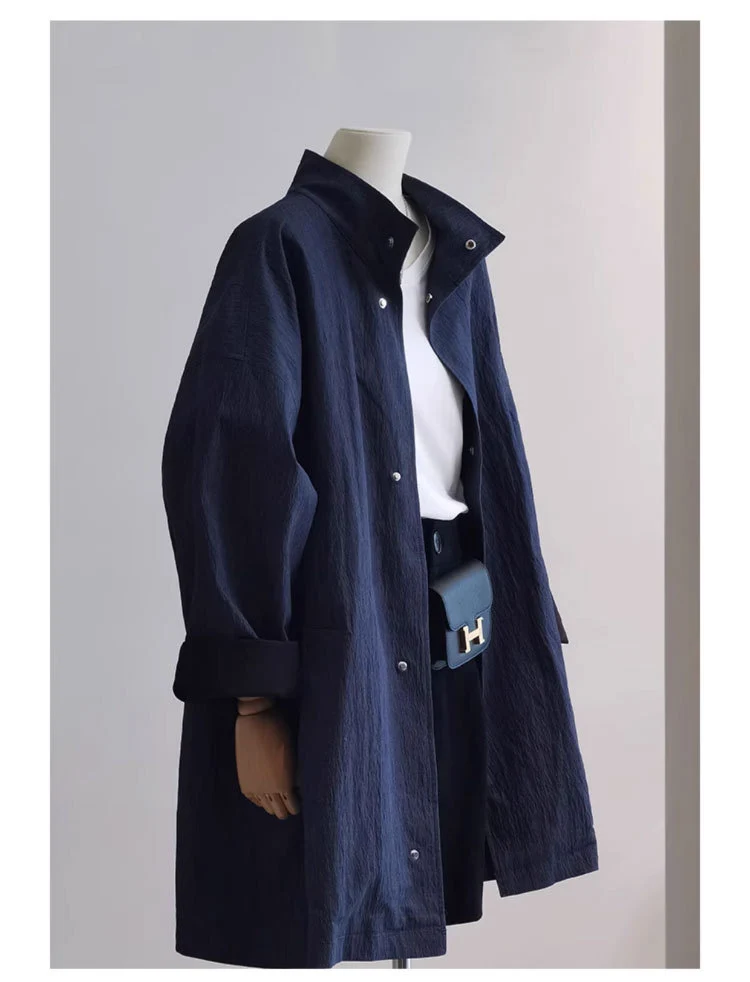 Damen leichter Oversize-Mantel mit Stehkragen und Druckknopfverschluss Drune