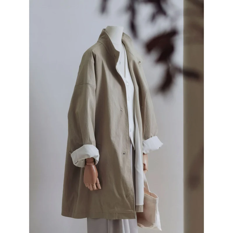 Damen leichter Oversize-Mantel mit Stehkragen und Druckknopfverschluss Drune