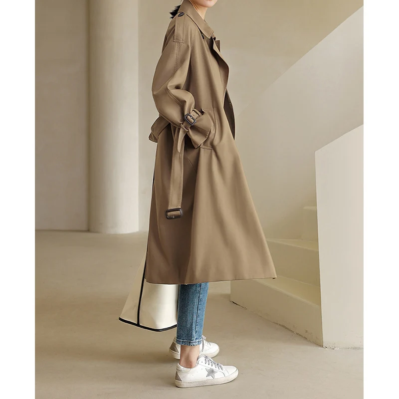 Damen Leichter knielanger Doppelreihiger Trenchcoat aus Baumwollmix mit Epauletten und Schnallenmanschetten Drune
