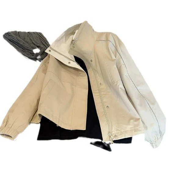 Damen Leichte Overshirt‑Jacke mit Stehkragen, Druckknopfverschluss & Kontrastnaht Drune