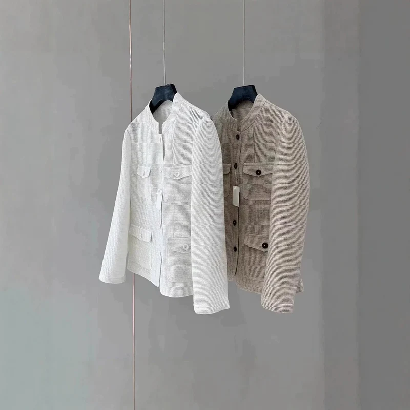 Damen Leichte Häkeloptik-Übergangsjacke mit Rundkragen und Pattentaschen Drune