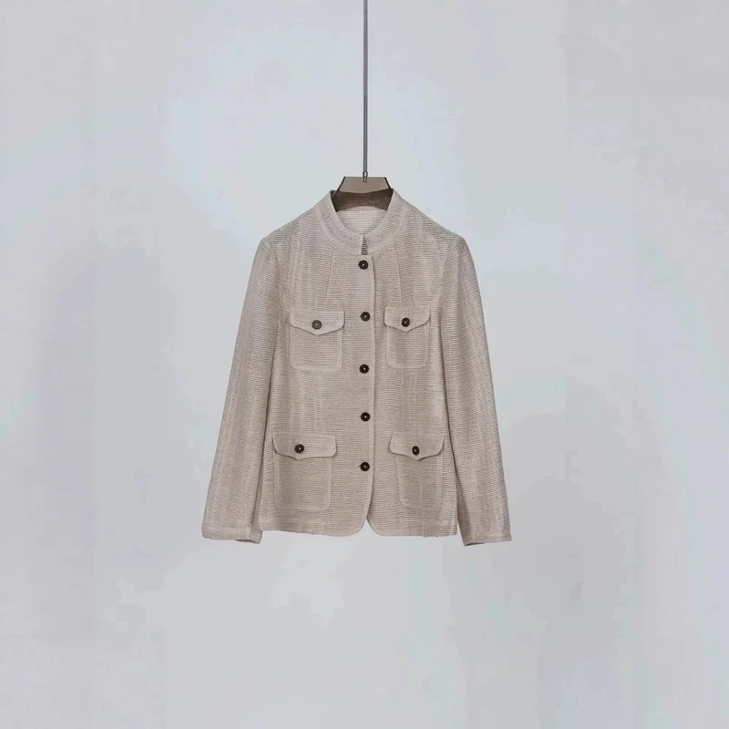 Damen Leichte Häkeloptik-Übergangsjacke mit Rundkragen und Pattentaschen Drune