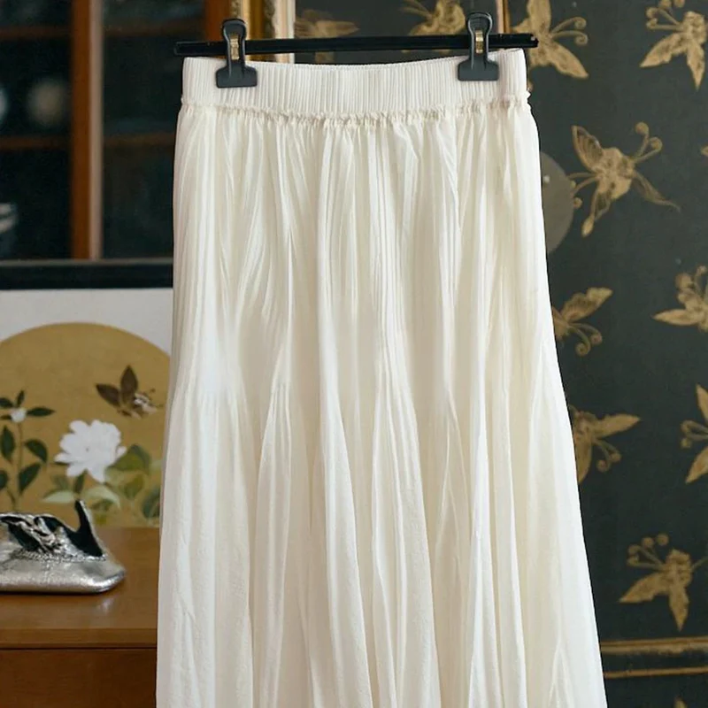 Damen langer plissierter Maxirock mit hohem Elastikbund und mehrlagiger Chiffon‑Optik Drune