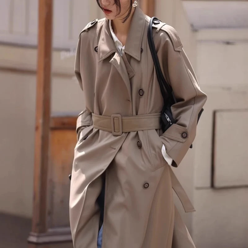 Damen Langer Oversize-Trenchcoat in veganer Lederoptik mit Bindegürtel und breitem Revers Drune