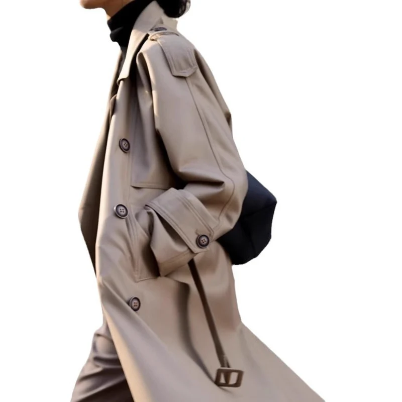 Damen Langer Oversize-Trenchcoat in veganer Lederoptik mit Bindegürtel und breitem Revers Drune