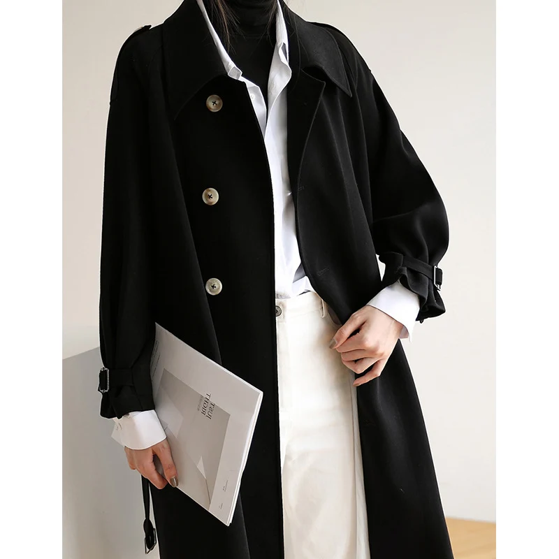 Damen Langer minimalistischer Trench‑Mantel im Cocoon‑Schnitt mit verstellbaren Manschetten Drune