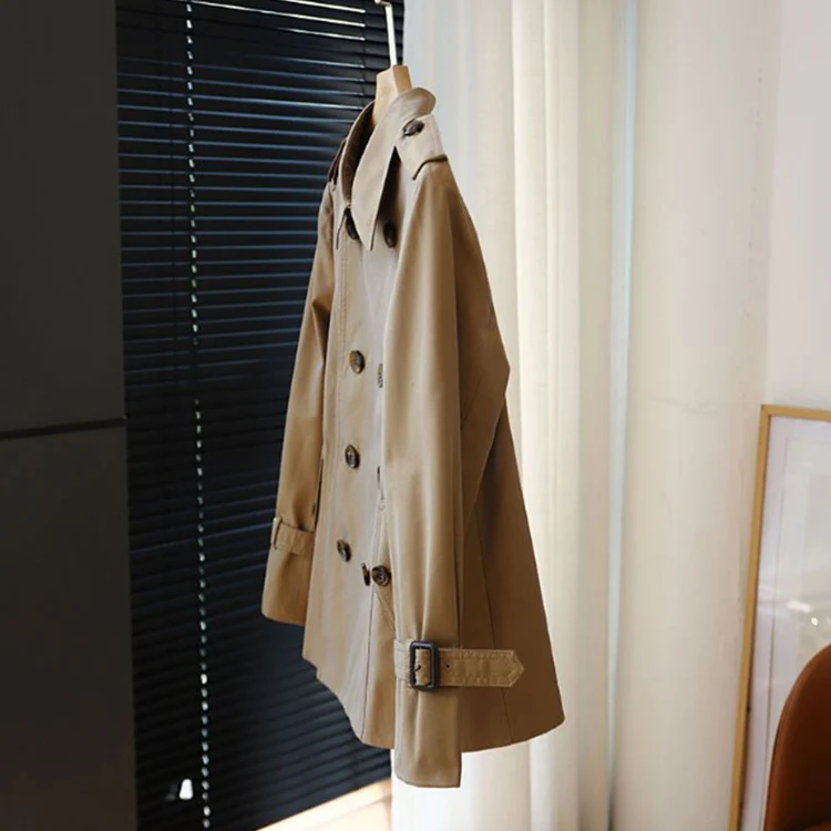 Damen Kurztrenchcoat mit Taillengürtel und Schulterklappen Drune