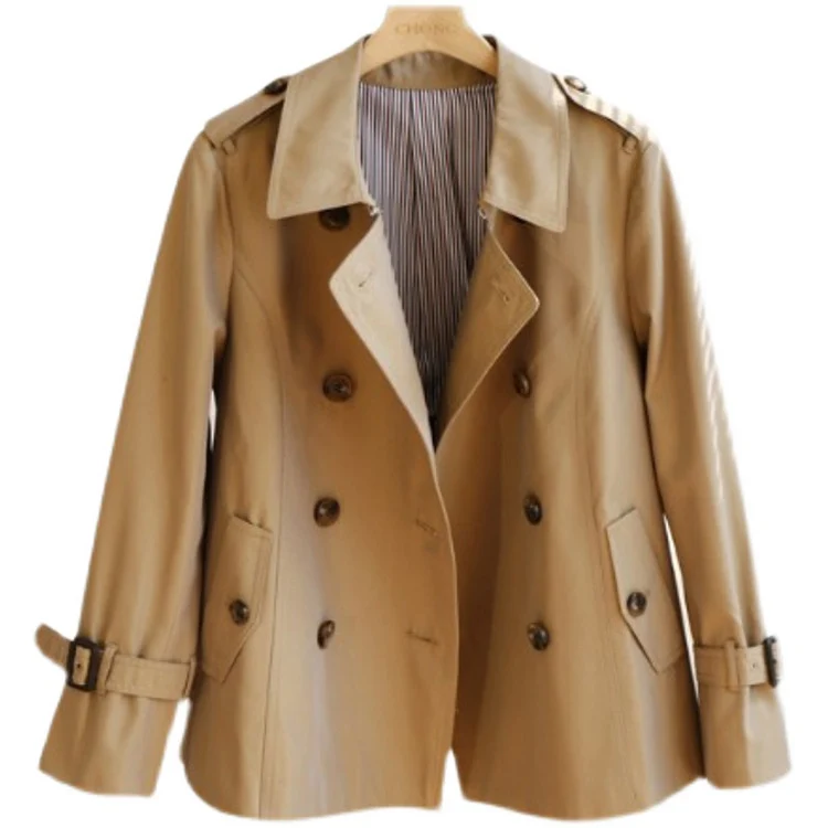 Damen Kurztrenchcoat mit Taillengürtel und Schulterklappen Drune