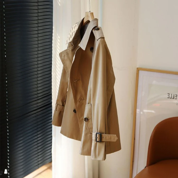 Damen Kurztrenchcoat mit Taillengürtel und Schulterklappen Drune