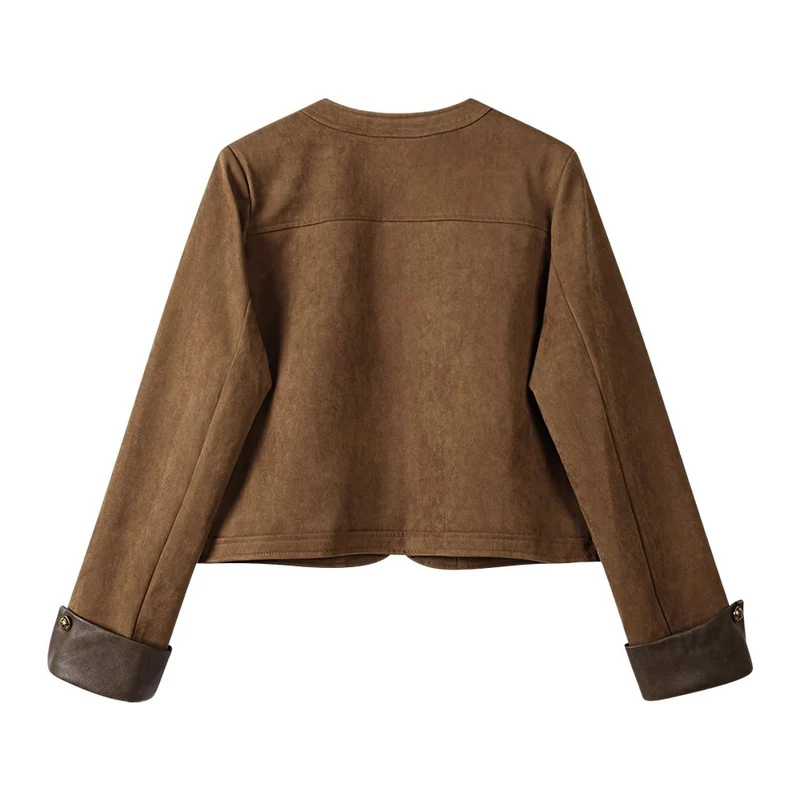 Damen Kurzjacke aus Veloursleder mit Rundhals, aufgesetzten Taschen & Umschlagmanschetten Drune