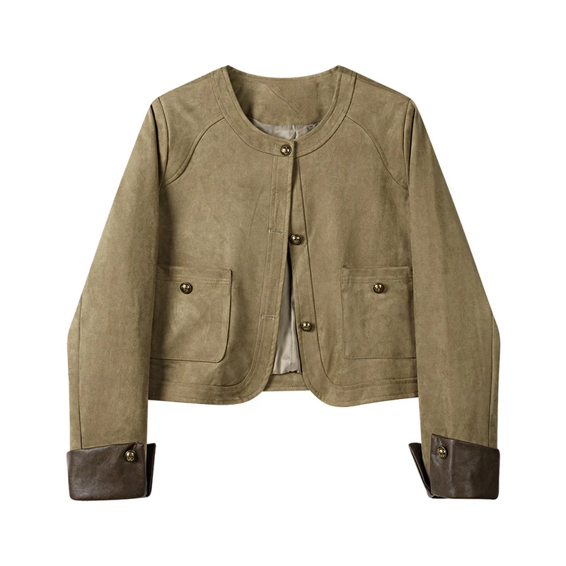 Damen Kurzjacke aus Veloursleder mit Rundhals, aufgesetzten Taschen & Umschlagmanschetten Drune
