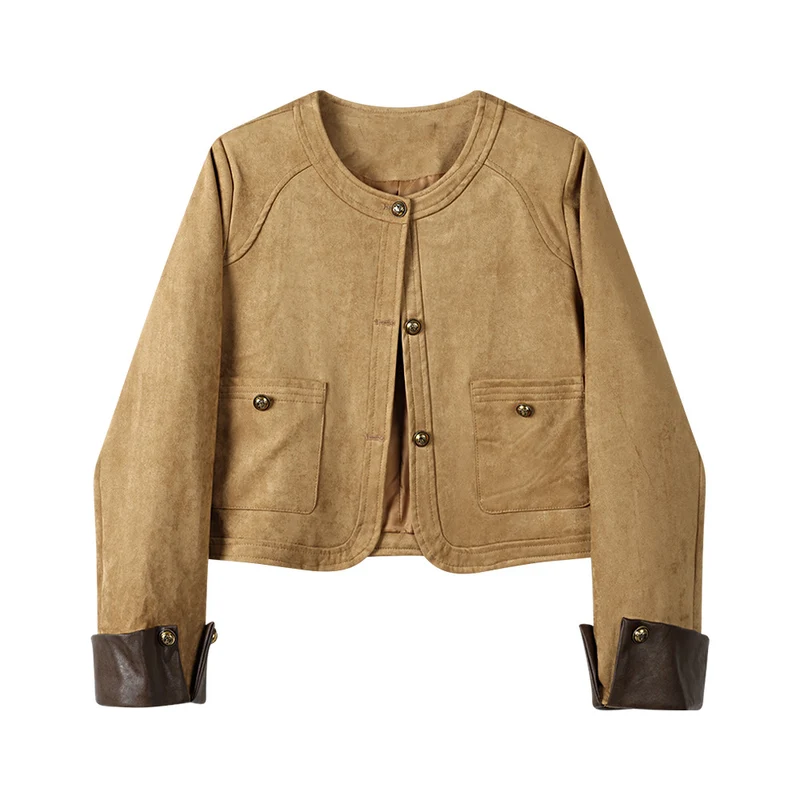 Damen Kurzjacke aus Veloursleder mit Rundhals, aufgesetzten Taschen & Umschlagmanschetten Drune
