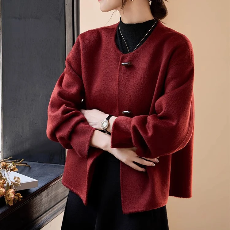 Damen Kurze Wollmix-Jacke mit Rundhalsausschnitt, Ballonärmeln und Knebelknöpfen Drune