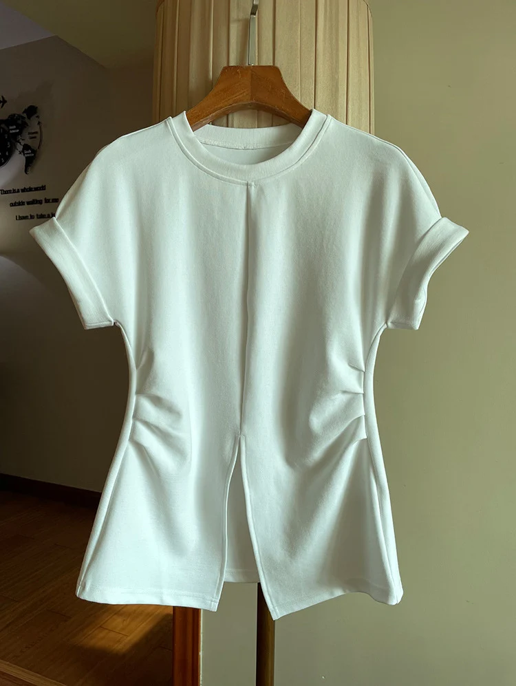Damen Kurzärmeliges Strukturjersey-Shirt mit Taillenraffungen und Frontschlitz Drune