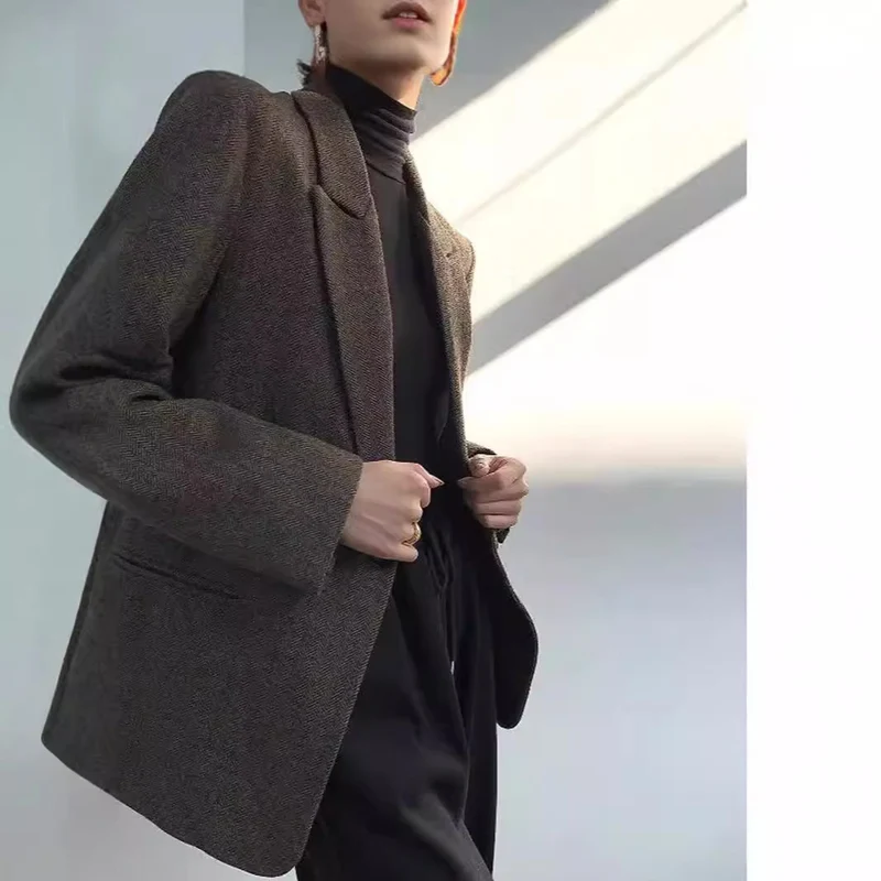 Damen Klassischer Woll-Tweed-Blazer mit schmalem Revers, Teilgefüttert und Ein-Knopf Drune