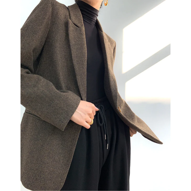 Damen Klassischer Woll-Tweed-Blazer mit schmalem Revers, Teilgefüttert und Ein-Knopf Drune