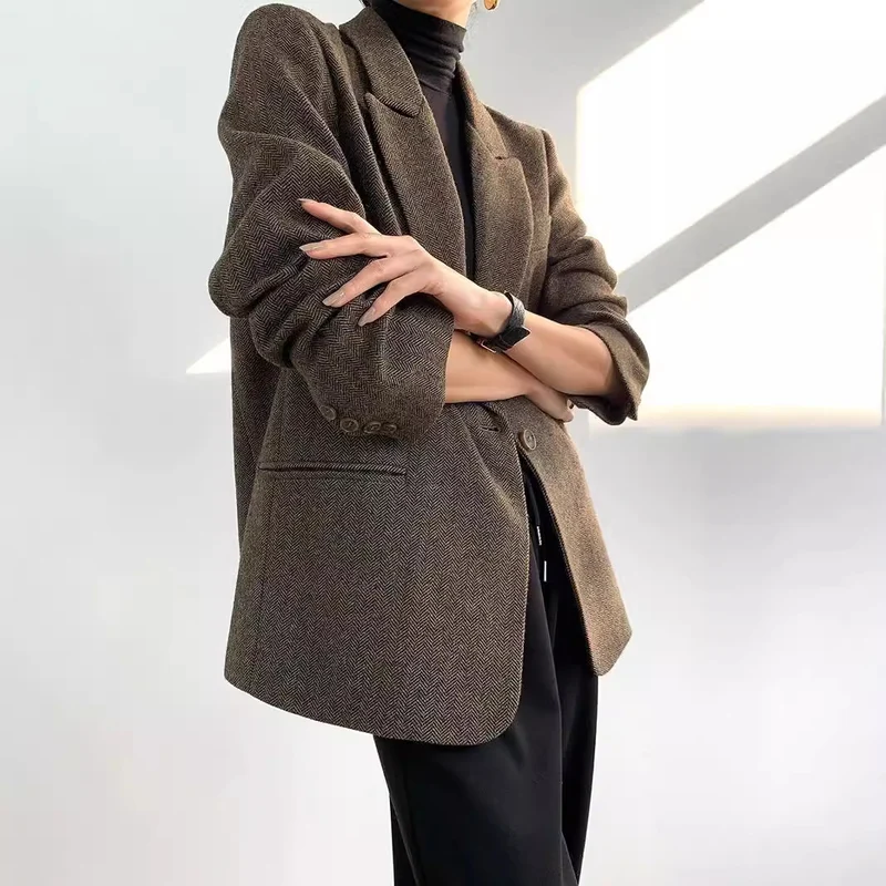 Damen Klassischer Woll-Tweed-Blazer mit schmalem Revers, Teilgefüttert und Ein-Knopf Drune