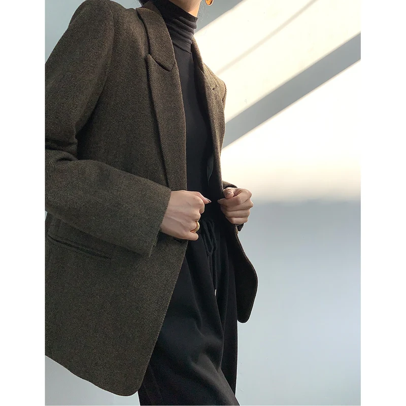 Damen Klassischer Woll-Tweed-Blazer mit schmalem Revers, Teilgefüttert und Ein-Knopf Drune
