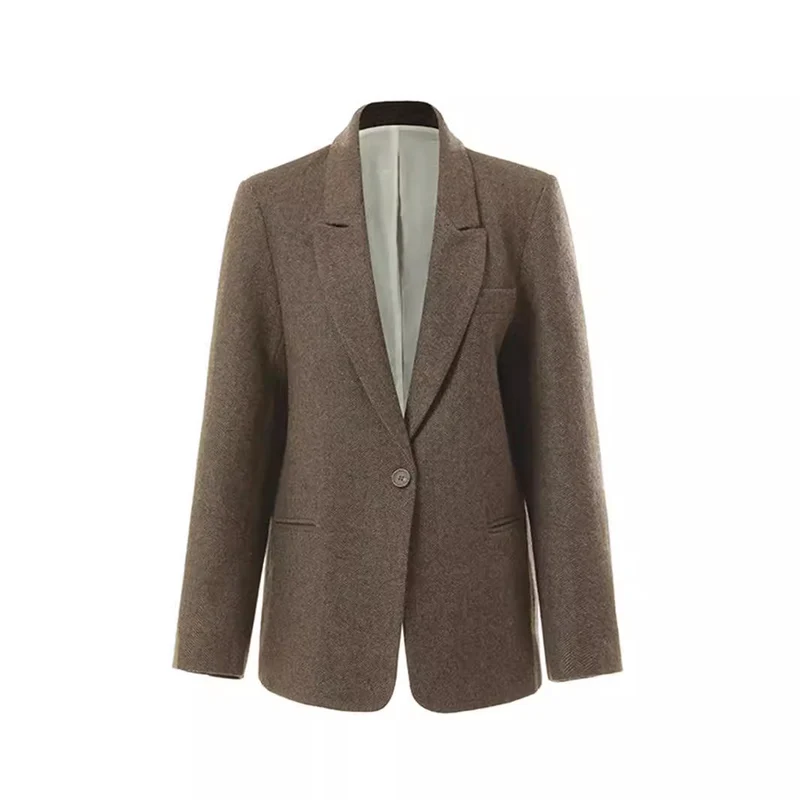 Damen Klassischer Woll-Tweed-Blazer mit schmalem Revers, Teilgefüttert und Ein-Knopf Drune