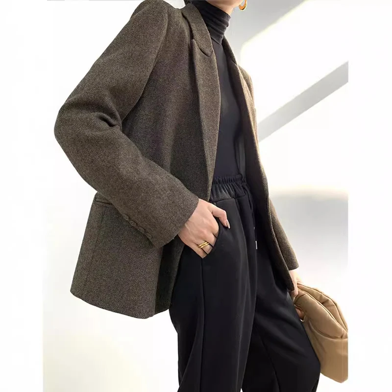 Damen Klassischer Woll-Tweed-Blazer mit schmalem Revers, Teilgefüttert und Ein-Knopf Drune