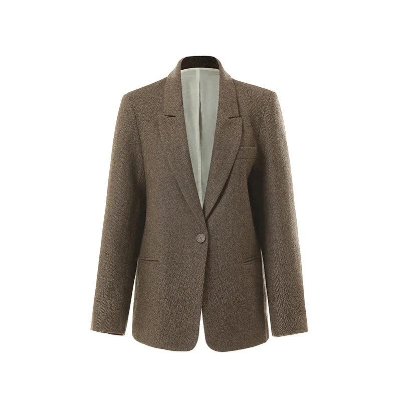 Damen Klassischer Woll-Tweed-Blazer mit schmalem Revers, Teilgefüttert und Ein-Knopf Drune