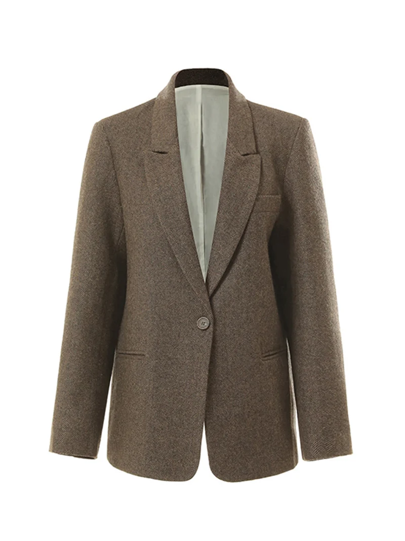 Damen Klassischer Woll-Tweed-Blazer mit schmalem Revers, Teilgefüttert und Ein-Knopf Drune