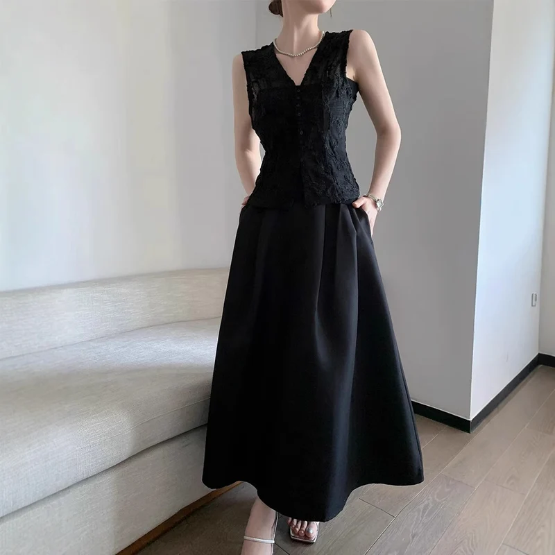 Damen Hochtaillierter Satin-Midirock mit A‑Linie und fließender Silhouette Drune