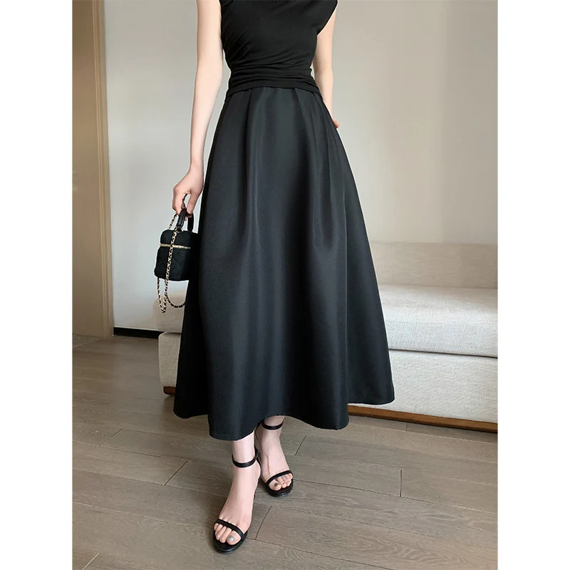 Damen Hochtaillierter Satin-Midirock mit A‑Linie und fließender Silhouette Drune