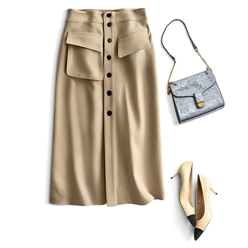 Damen Hochtaillierter Midirock mit Frontknopfleiste & Aufgesetzten Taschen Drune