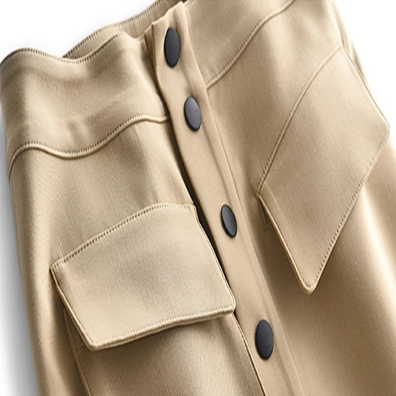Damen Hochtaillierter Midirock mit Frontknopfleiste & Aufgesetzten Taschen Drune