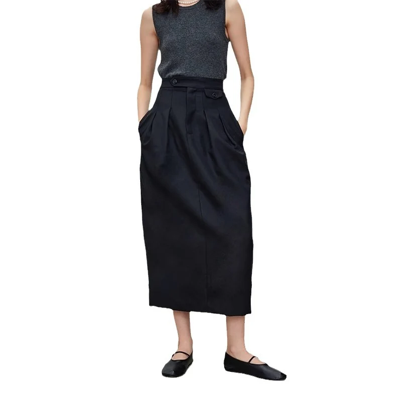 Damen Hochtaillierter Midirock mit Bundfalten, Eingrifftaschen und geradem Fall Drune