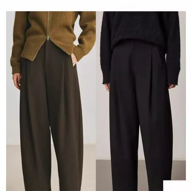 Damen Hochtaillierte weite Bundfaltenhose im Palazzo-Stil mit verdeckten Eingrifftaschen Drune
