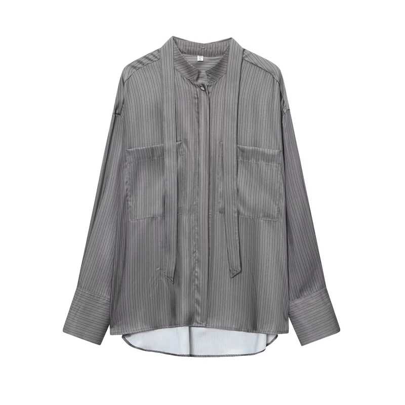 Damen Oversize Seidenähnliche Bluse mit Schluppe und Brusttaschen Drune