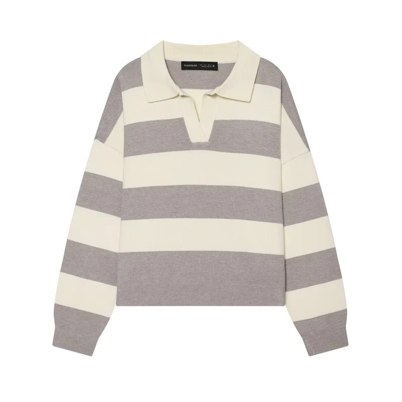 Damen Oversize Rugby-Pullover mit Polokragen und breiten Blockstreifen Drune