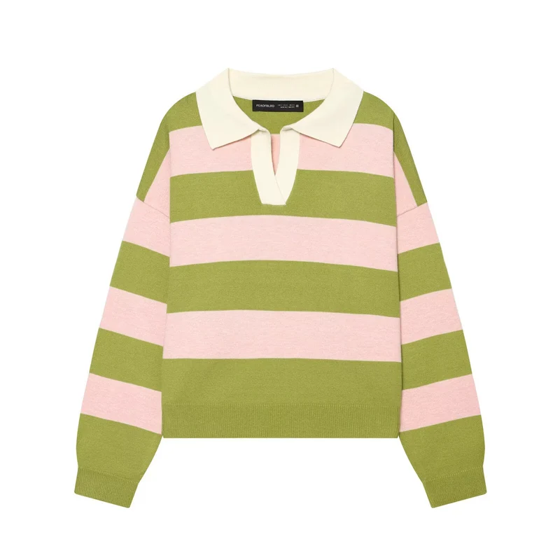 Damen Oversize Rugby-Pullover mit Polokragen und breiten Blockstreifen Drune