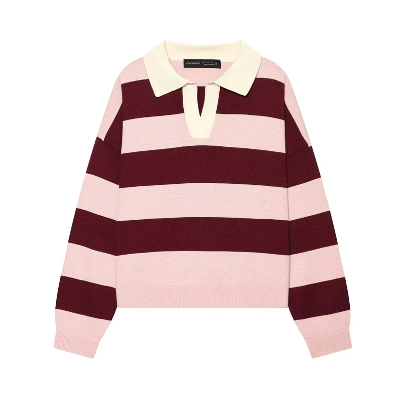 Damen Oversize Rugby-Pullover mit Polokragen und breiten Blockstreifen Drune