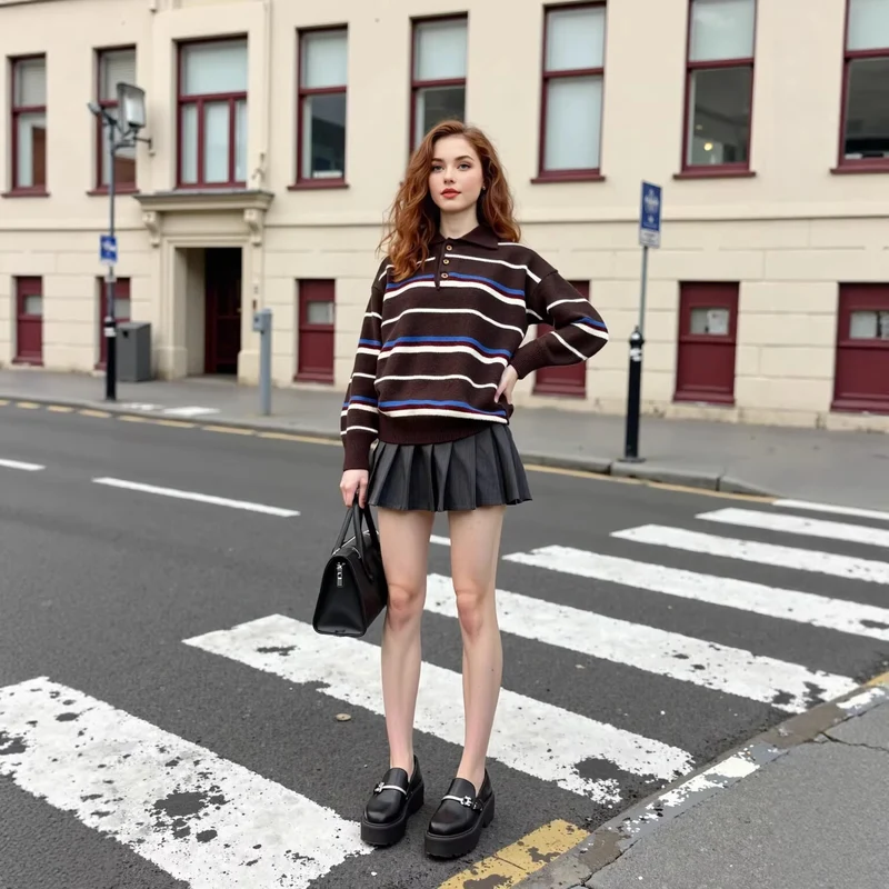 Damen Oversize Polokragen-Strickpullover mit mehrfarbigen Streifen und Rippbündchen Drune