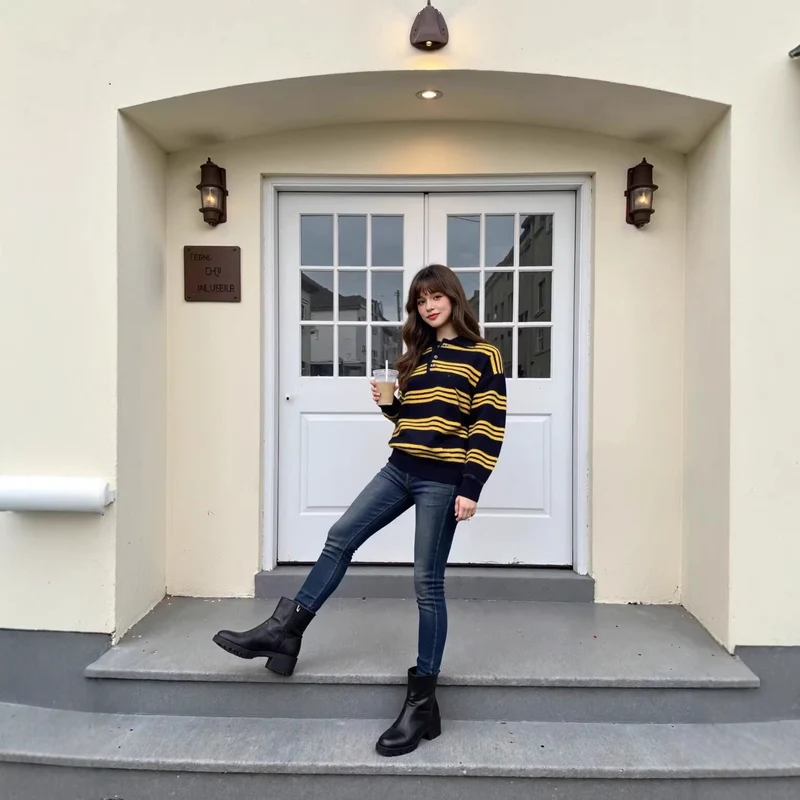 Damen Oversize Polokragen-Strickpullover mit mehrfarbigen Streifen und Rippbündchen Drune