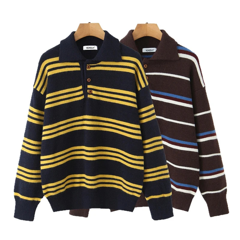 Damen Oversize Polokragen-Strickpullover mit mehrfarbigen Streifen und Rippbündchen Drune