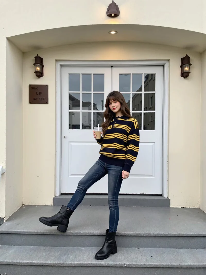 Damen Oversize Polokragen-Strickpullover mit mehrfarbigen Streifen und Rippbündchen Drune