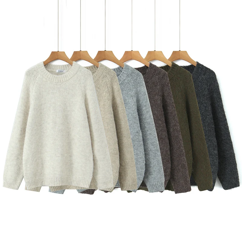 Damen Oversize Mohair‑Optik Pullover mit Rundhalsausschnitt und Raglanärmeln Drune